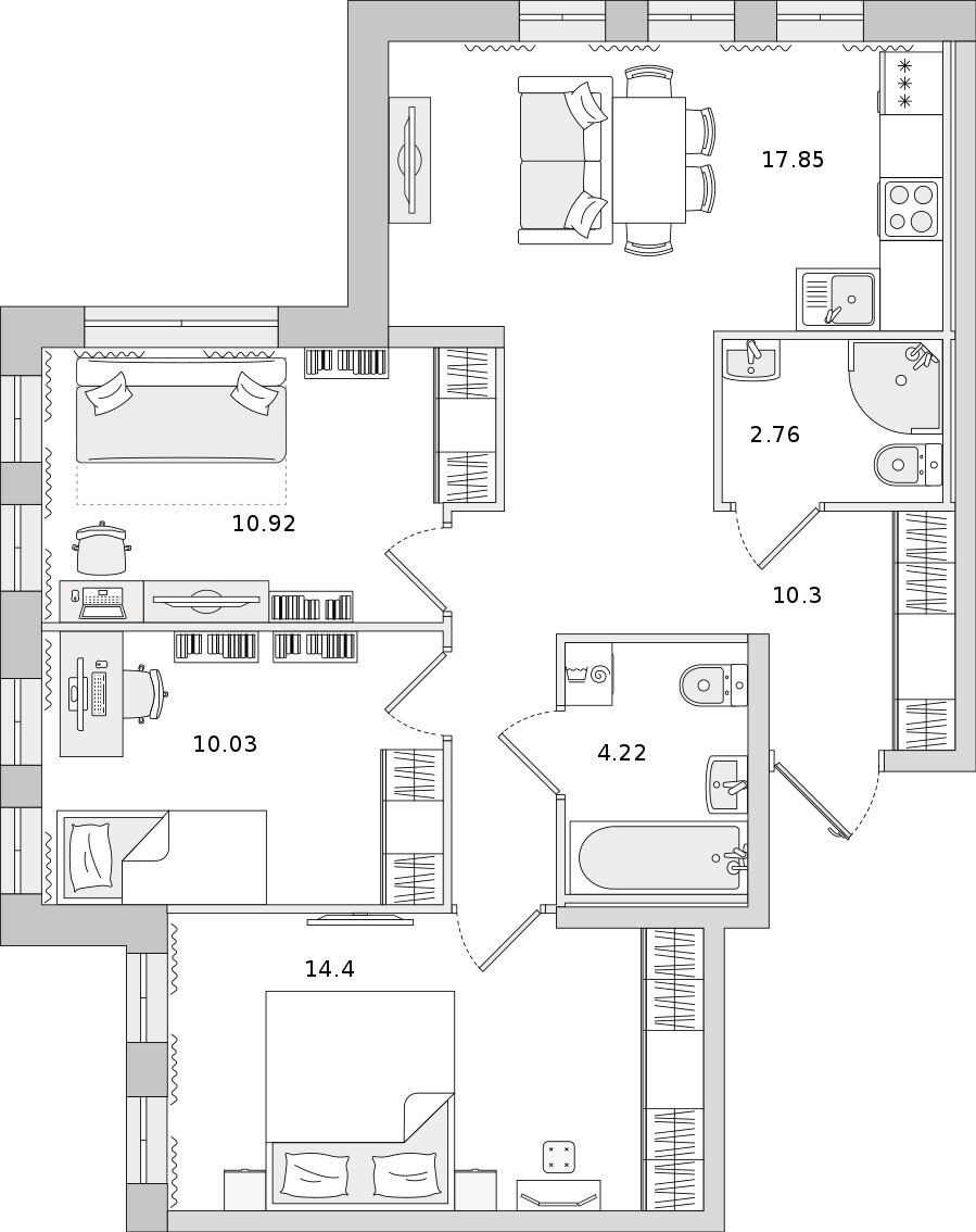 3-комнатная квартира 70.48 м², 2/17 эт., ЖК «Мурино Space»